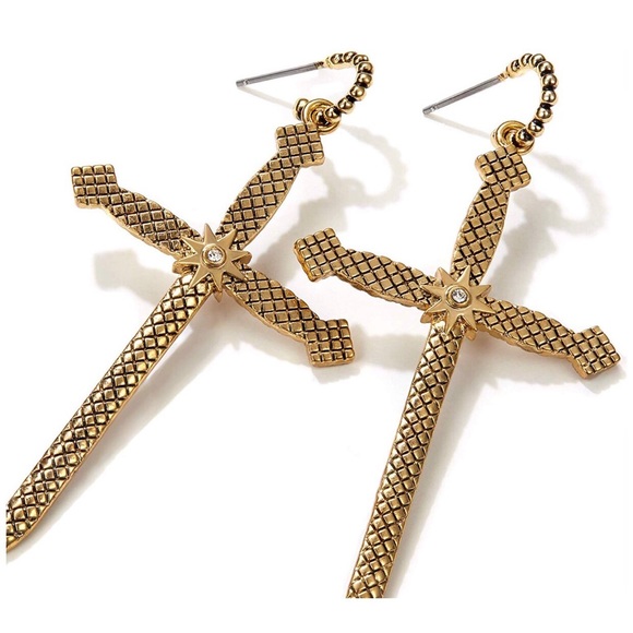 Gold Cross Earrings 14K Gold Plated Texture - Picture 3 of 3